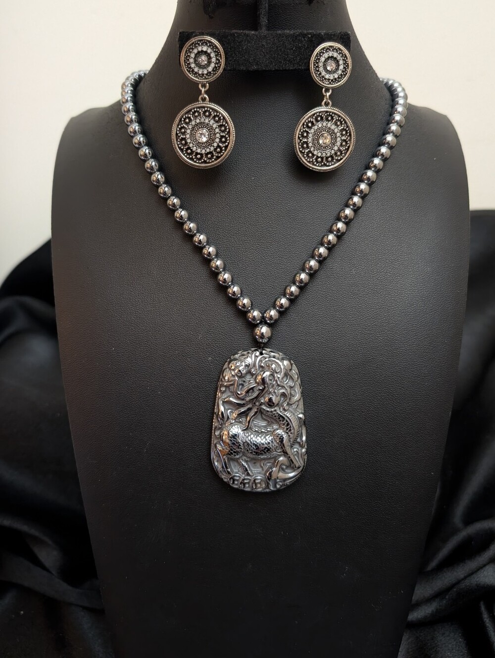#12. Hematite Dragon Pendant Necklace & Vintage Earrings
